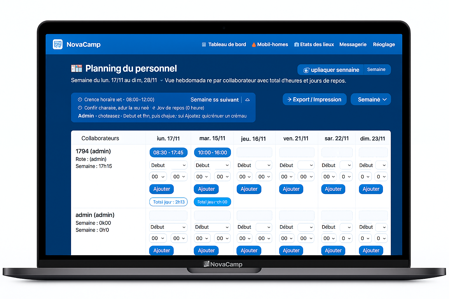 Planning du personnel dans le module Staff NovaCamp
